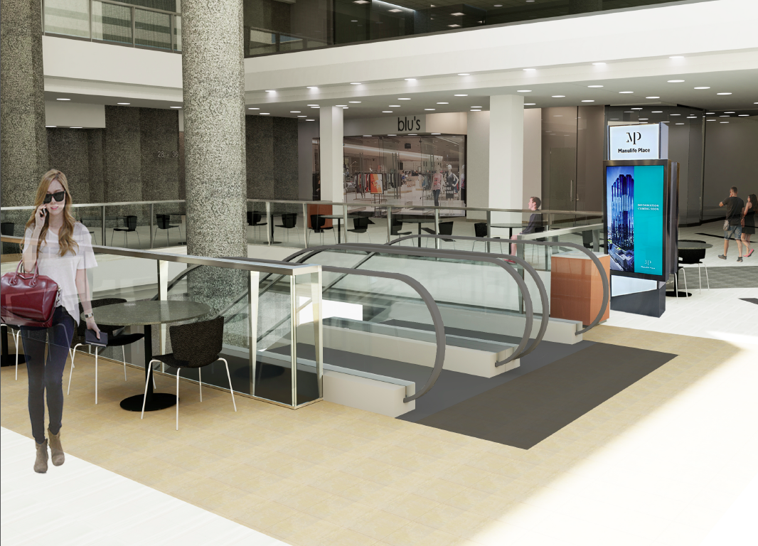 3D Rendering of space surrounding escalator at Manulife Place.